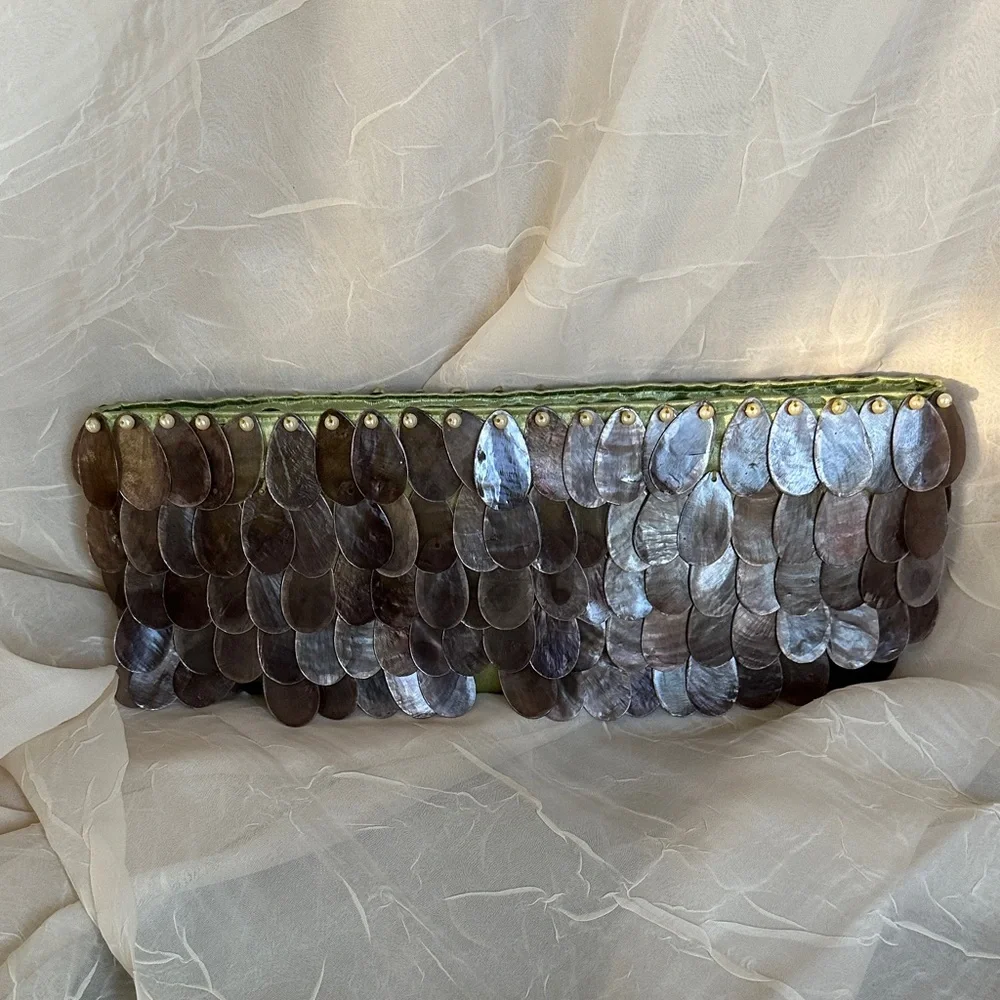 Genuine Capiz shells clutch purse olive green